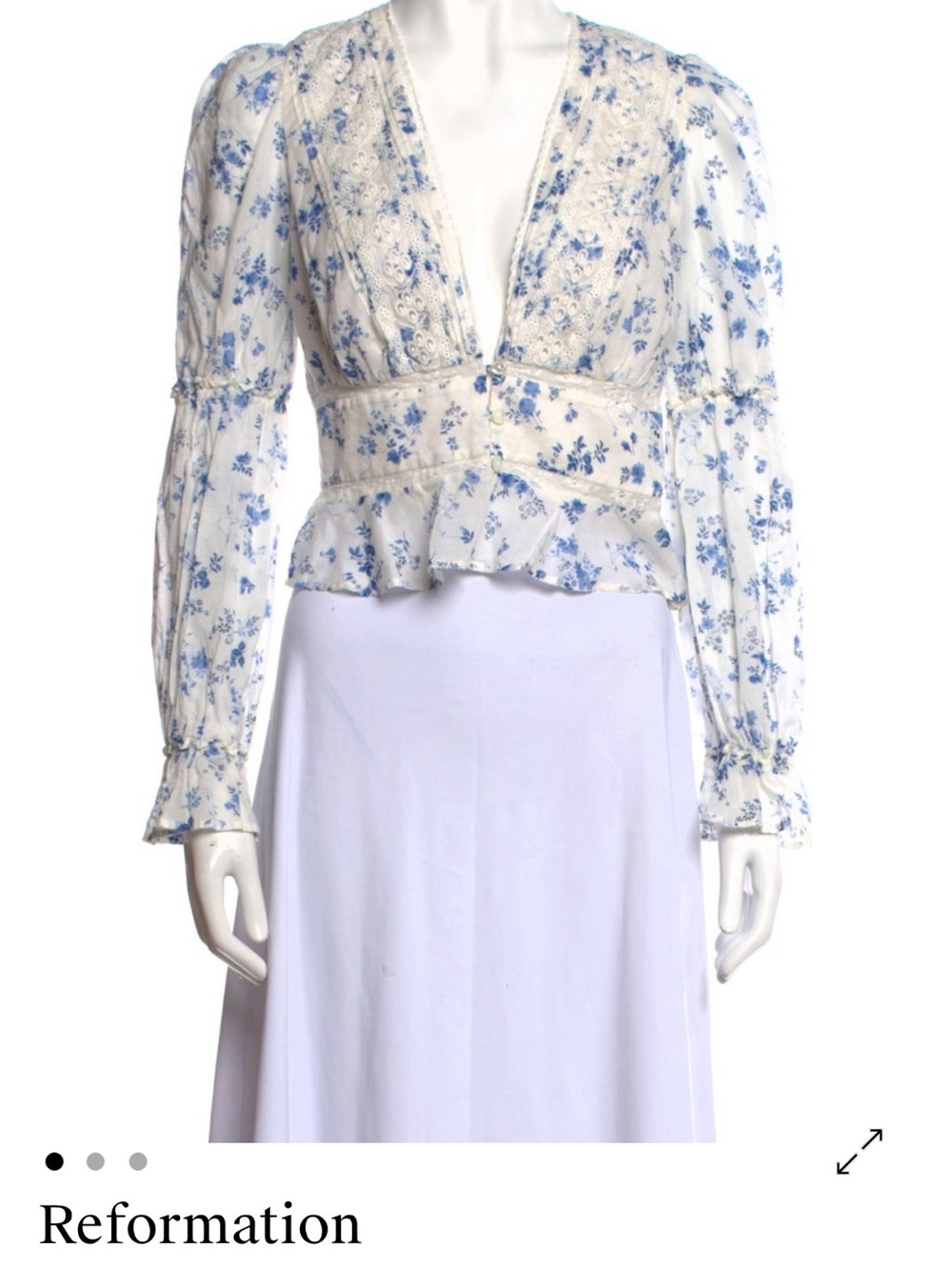 Reformation White Floral Lace-Trim V-Neck Peplum Blouse